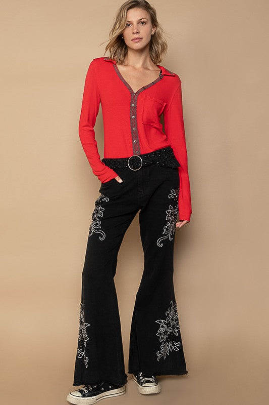 POL Embroidered Flare Pants