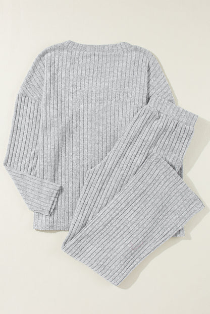 Ribbed Knit V Neck Top & Pants Loungewear Set