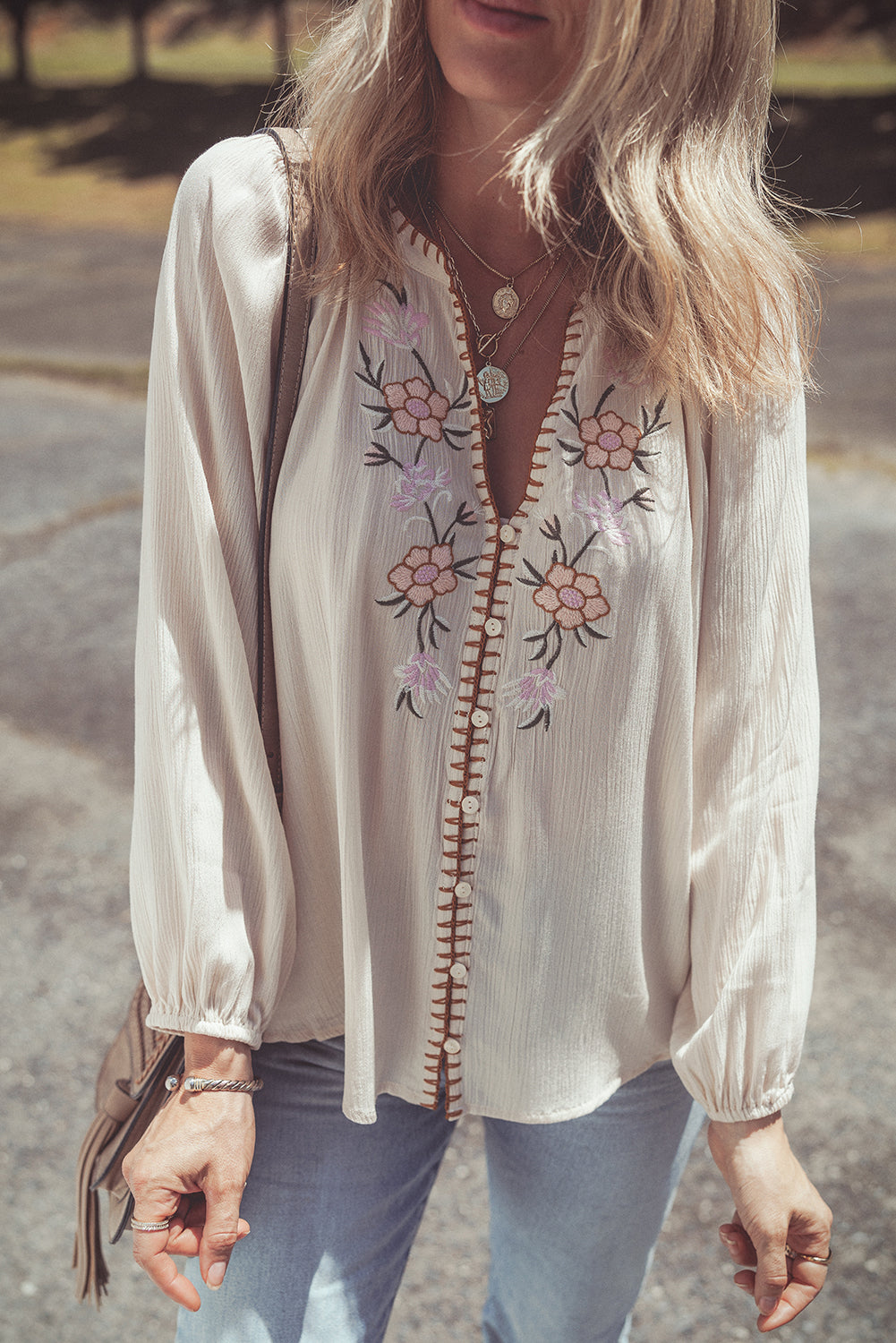 Beige Floral Embroidered Crinkle Puff Sleeve Loose Blouse