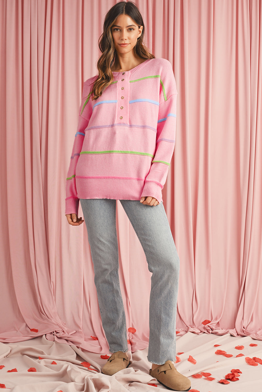 Pink Rainbow Striped Henley Sweater