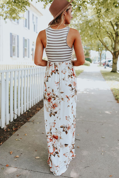 White Boho Stripes & Floral Print Floor Length Tank Dress