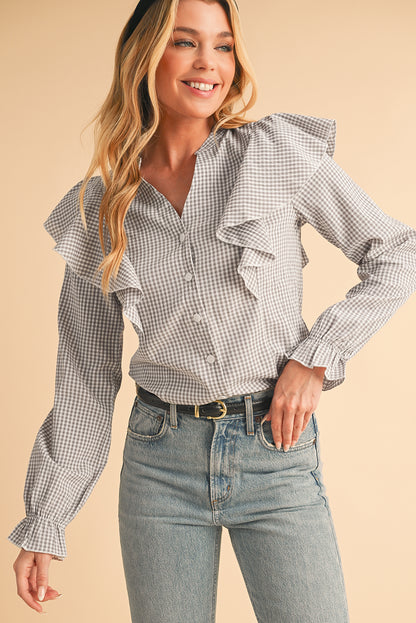 Brown Plaid Puff Sleeve Ruffle Blouse