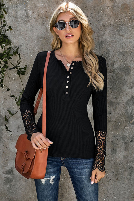 Black Lace Crochet Henley Shirt