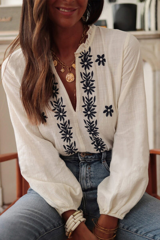 White Floral Embroidered Blouse