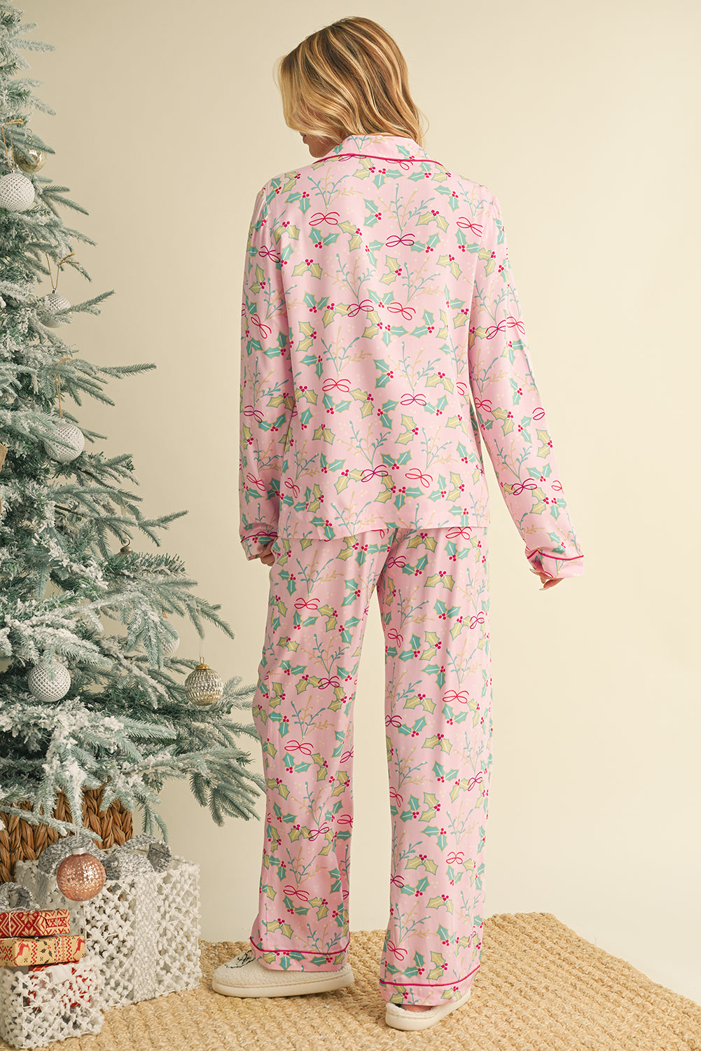 Pink Christmas Floral Pajama Set