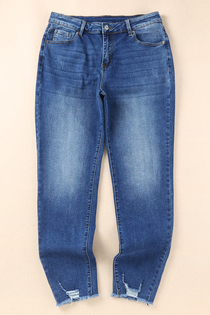 Dark Blue Casual Raw Hem Ankle Length Skinny Jeans