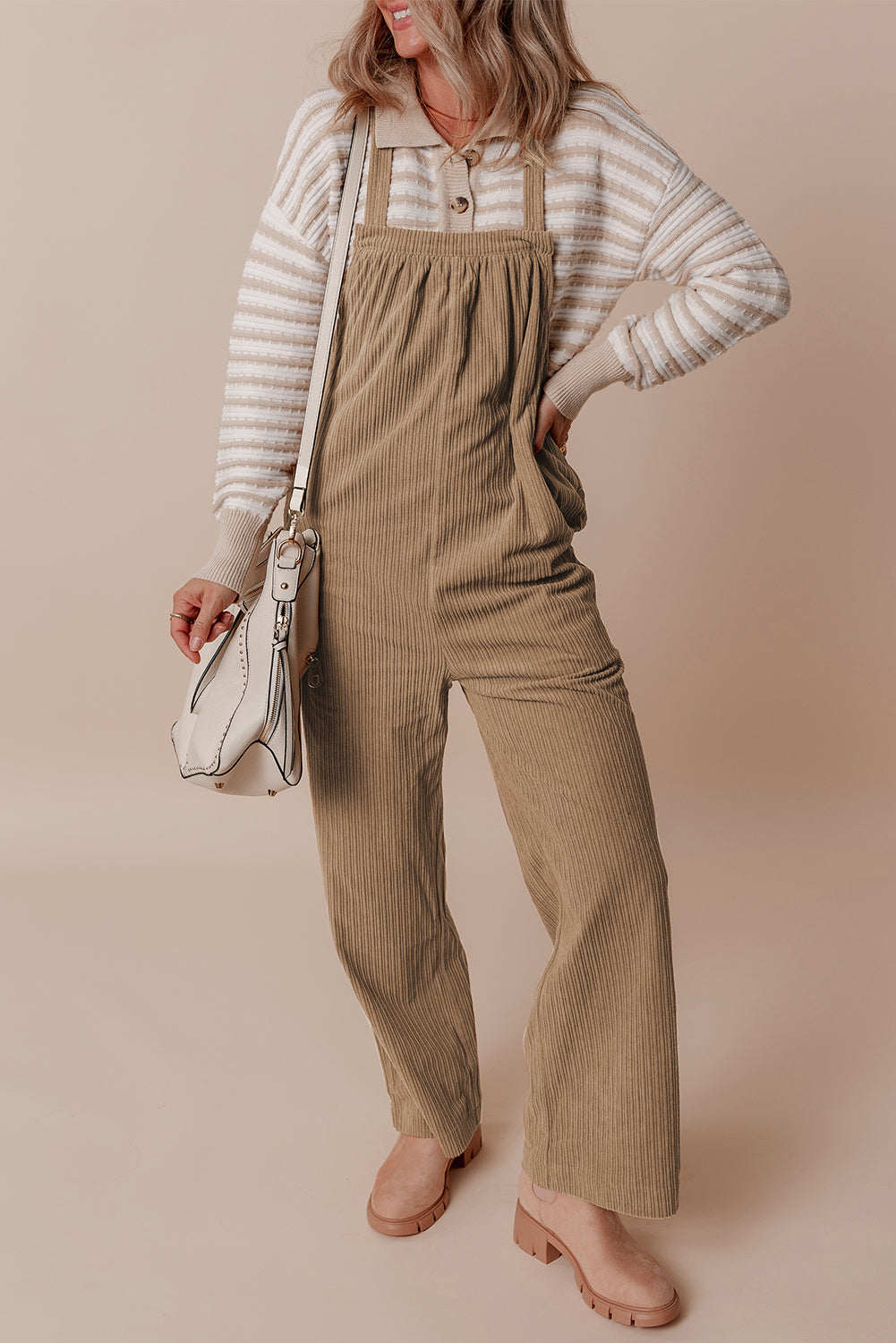 Beige Loose Fit Corduroy Overalls