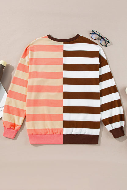 Brown Stripe Color Block Drop Shoulder Pullover Sweatshirt