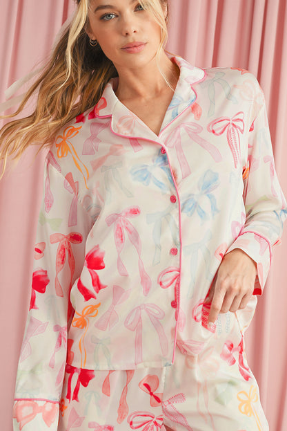 White Bow Print Satin Pajama Set