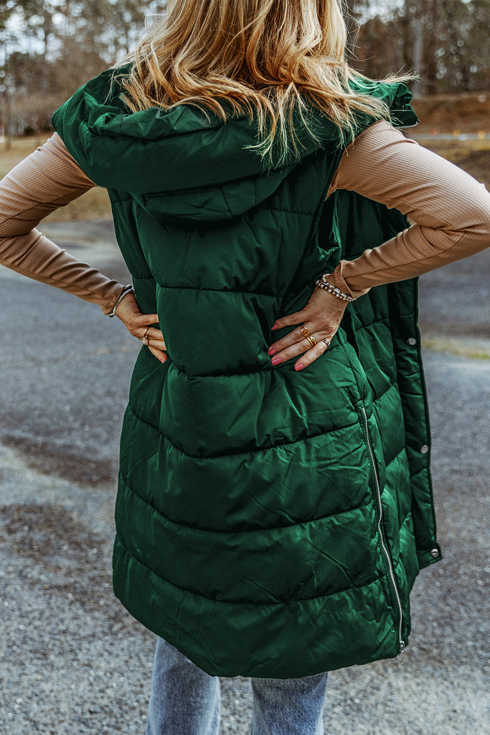 Green Hooded Long Vest Coat