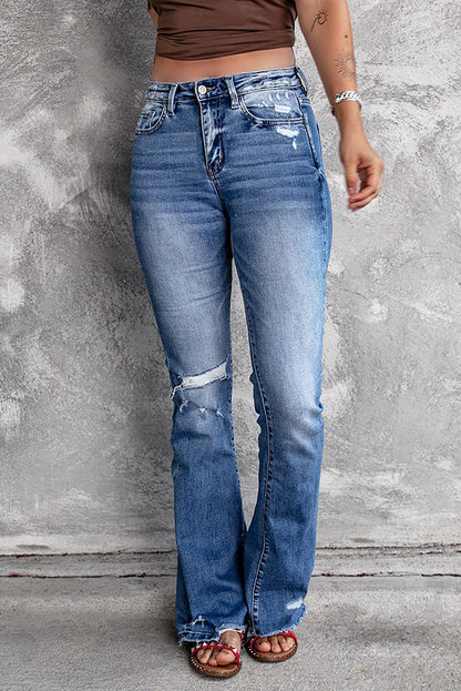 Dark Blue Ripped Raw Hem High Waist Flare Jeans