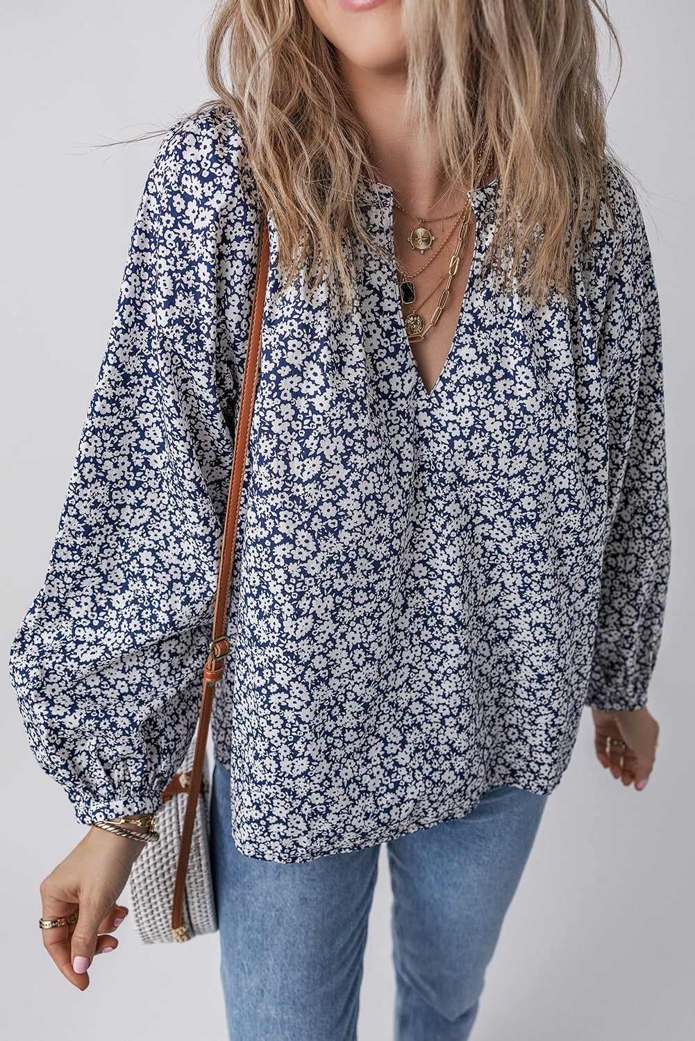 Blue Floral Print Puff Sleeve Blouse