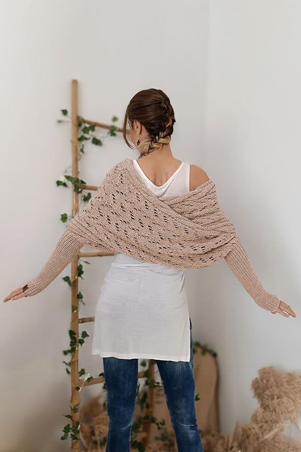 Camel Knit Scarf with Sleeves