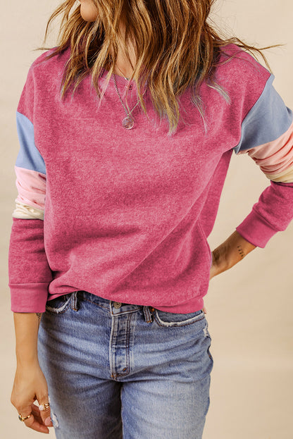 Dark Blue Color Block Casual Drop Sleeve Sweatshirt