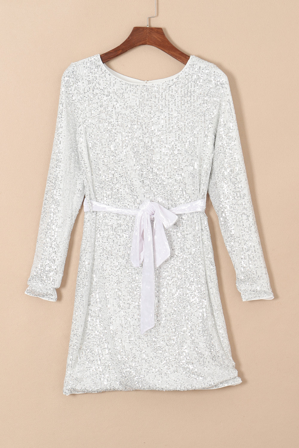 Silvery Sequin Long Sleeve Tie Waist Mini Dress