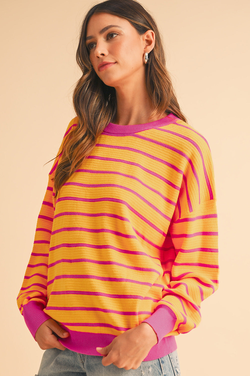 Striped Round Neck Drop Shoulder Sweater