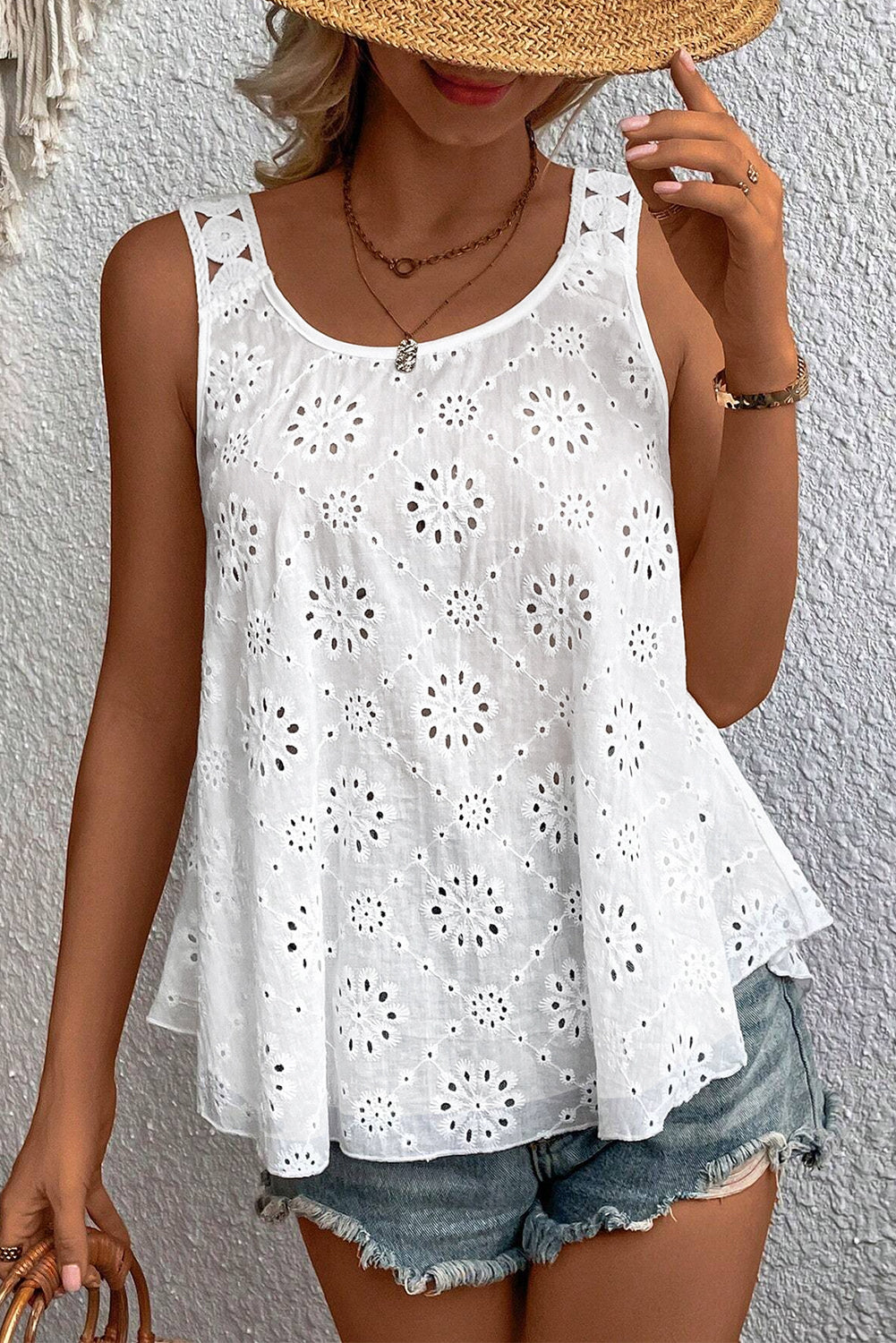 White Eyelet Embroidery Flowy Tank Top