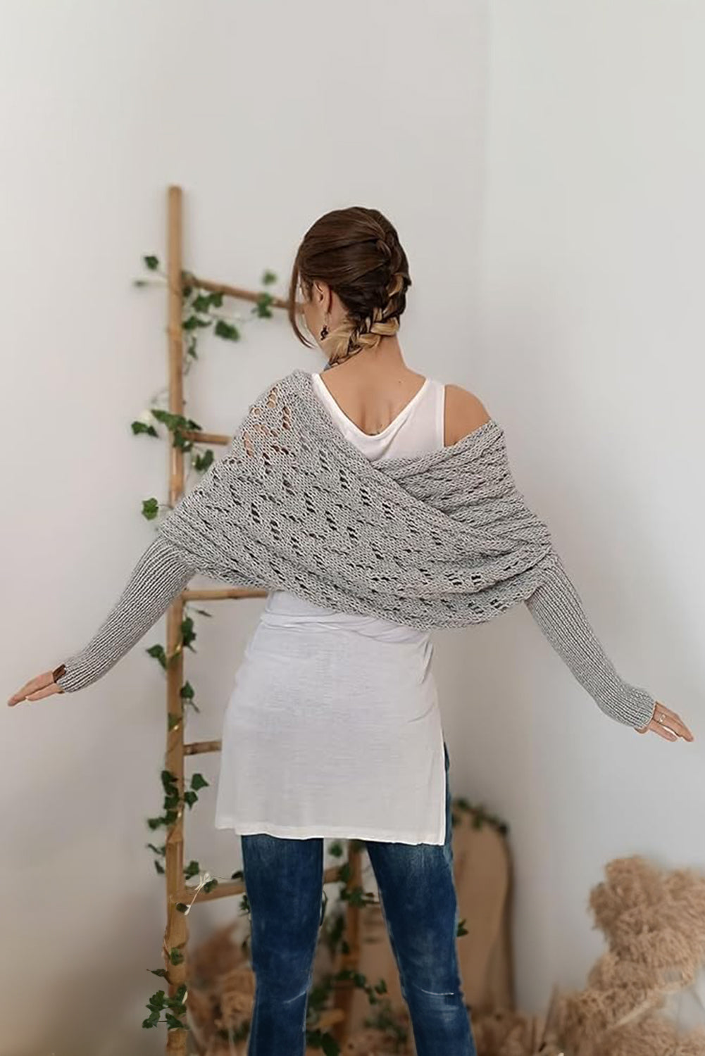 Gray Knit Scarf with Sleeves