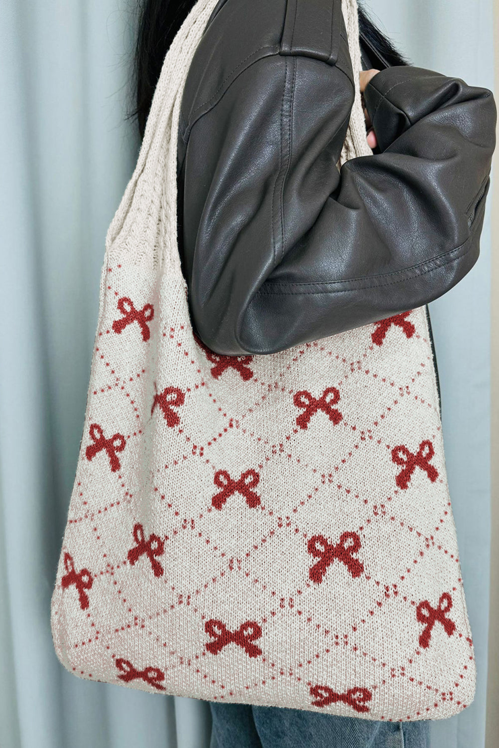 Red Bow Argyle Pattern Knit Tote Bag