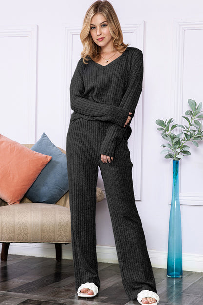 Ribbed Knit V Neck Top & Pants Loungewear Set