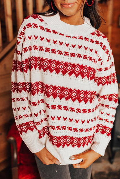 White Geometric Patterned Crew Neck Loose Sweater