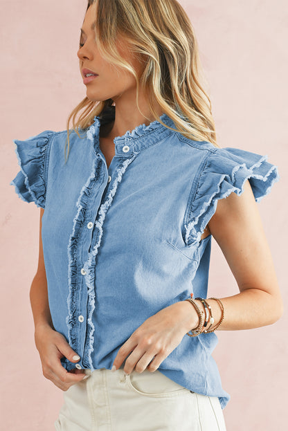 Beau Blue Frayed Denim Top