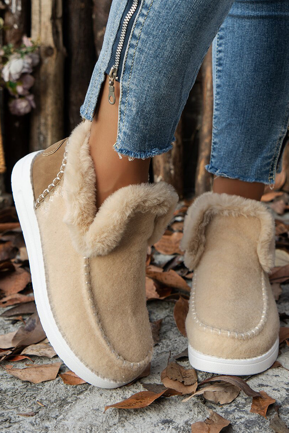 Beige Plush Lined Anklet Boots