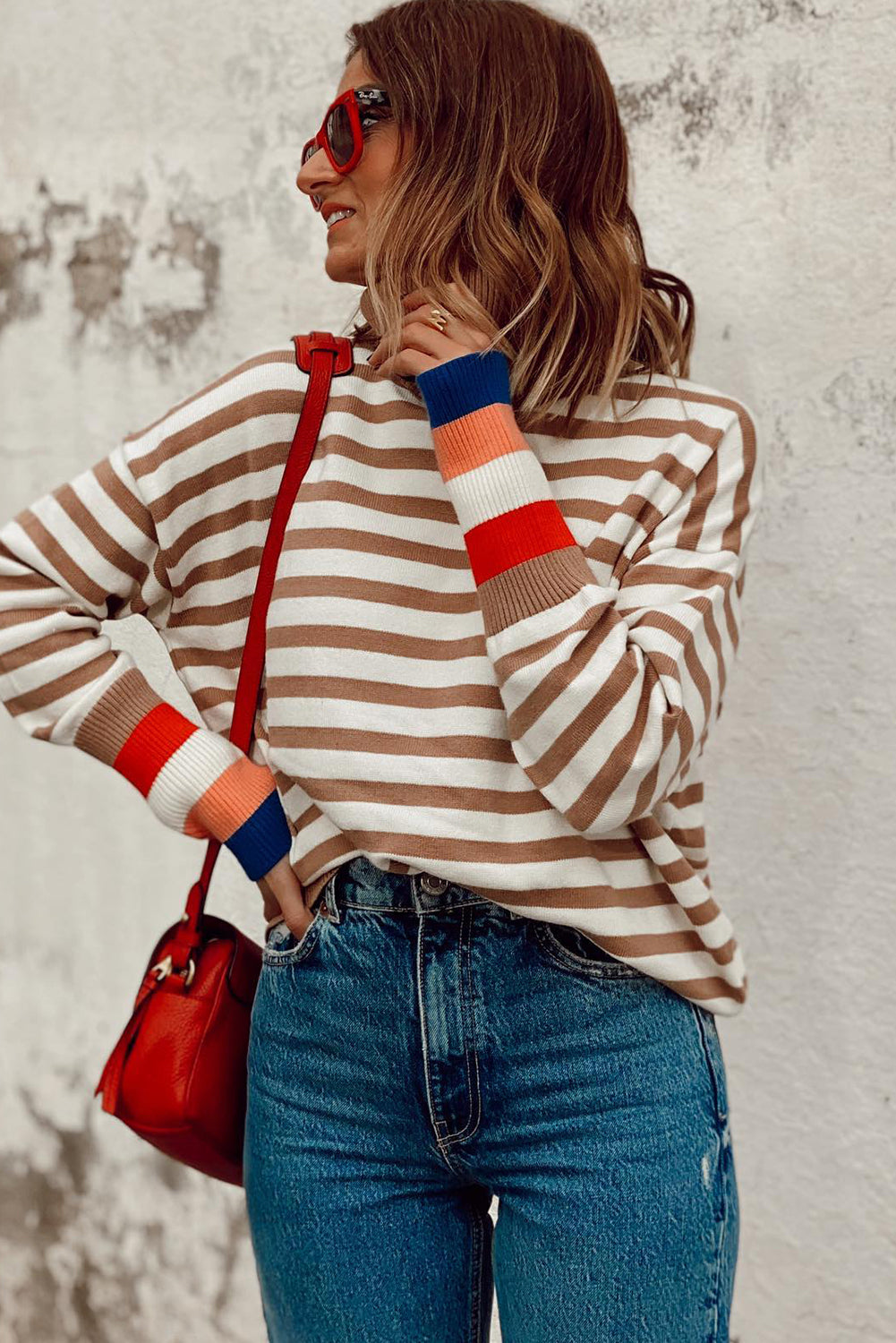 Brown Striped Bishop Sleeve Sweater