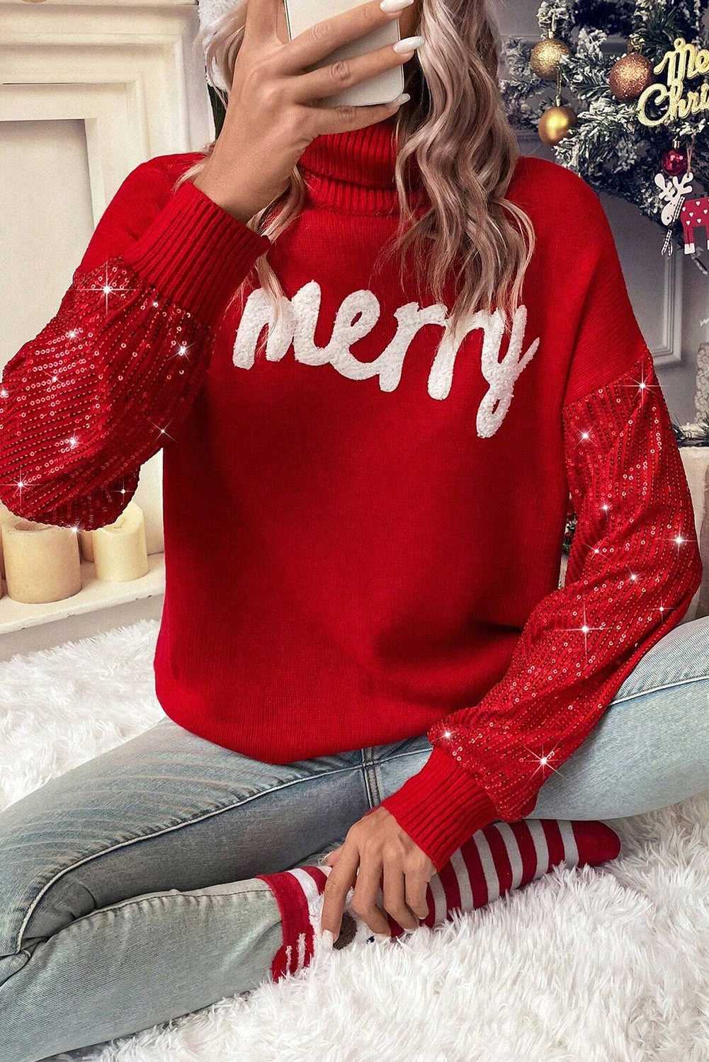 Red Merry Graphic Sequin Sleeves Christmas Sweater