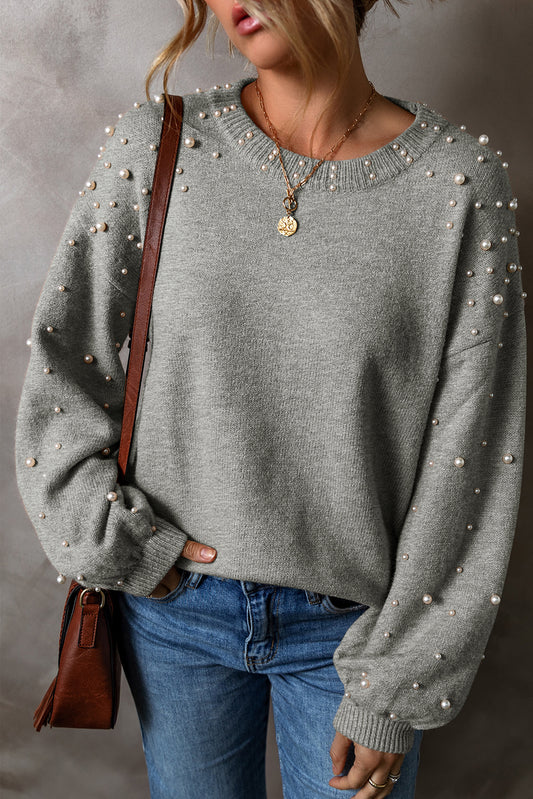 Light Grey Pearl Drop Shoulder Sweater