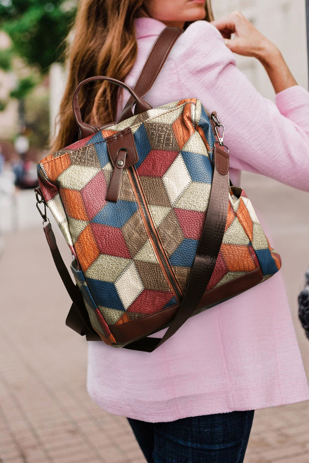 Chestnut Geometric Print Large Convertible Backpack