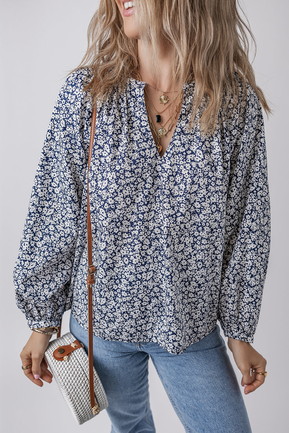 Blue Floral Print Puff Sleeve Blouse