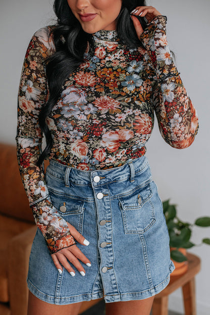 Brown Floral Print Mesh Top