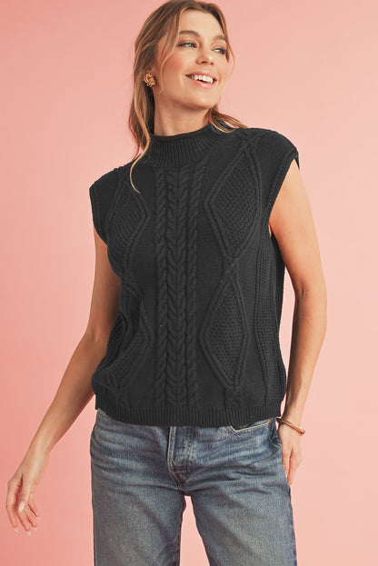 Black Solid Color Dolman Sleeve Twist Cable Knit Top