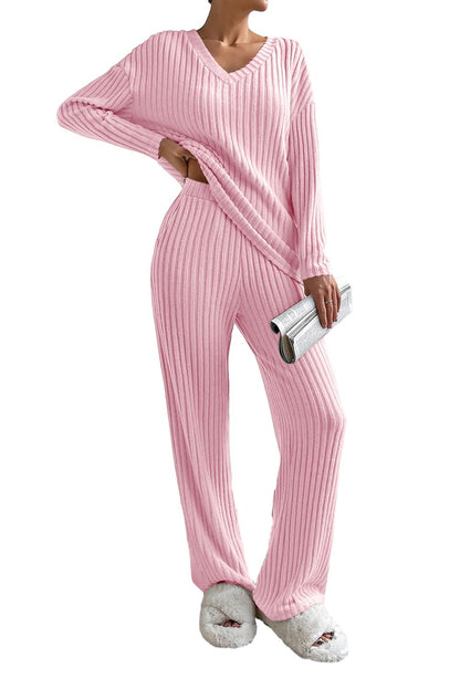 Ribbed Knit V Neck Top & Pants Loungewear Set