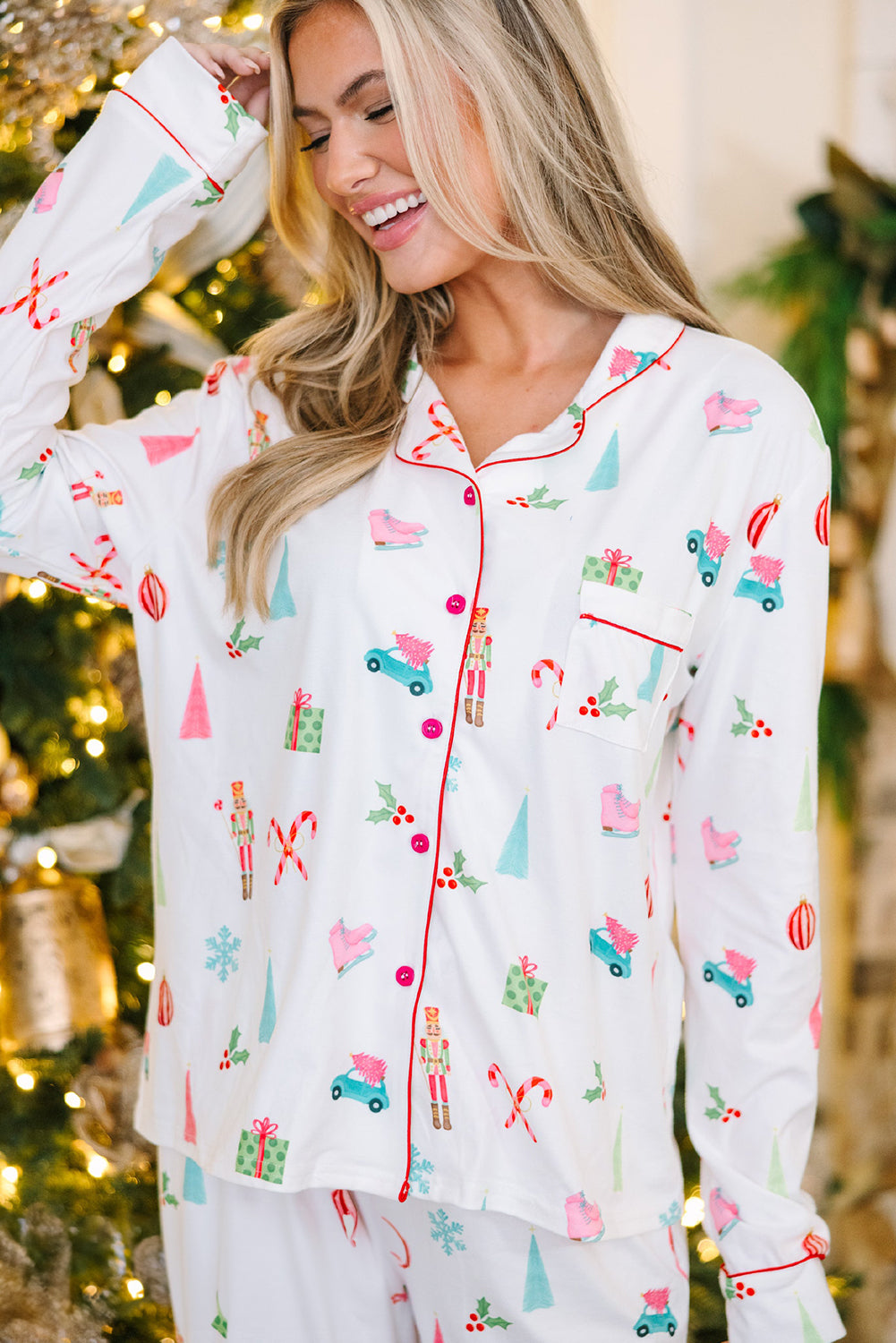 White Christmas Print Pajama Set