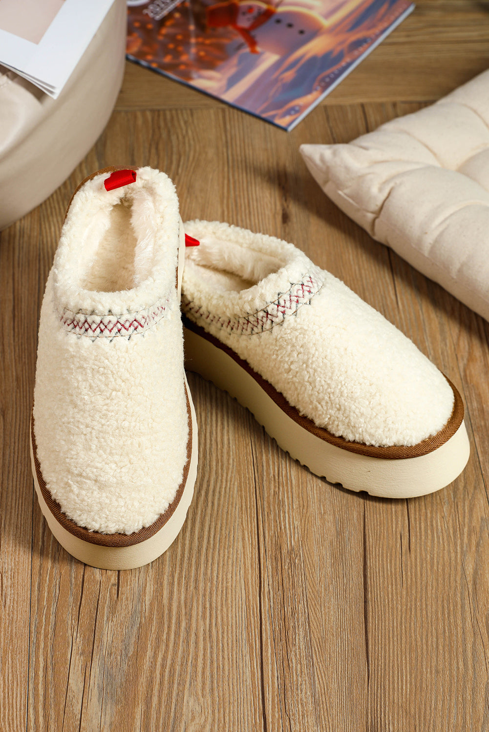 White Suede Plush Thick Sole Slippers