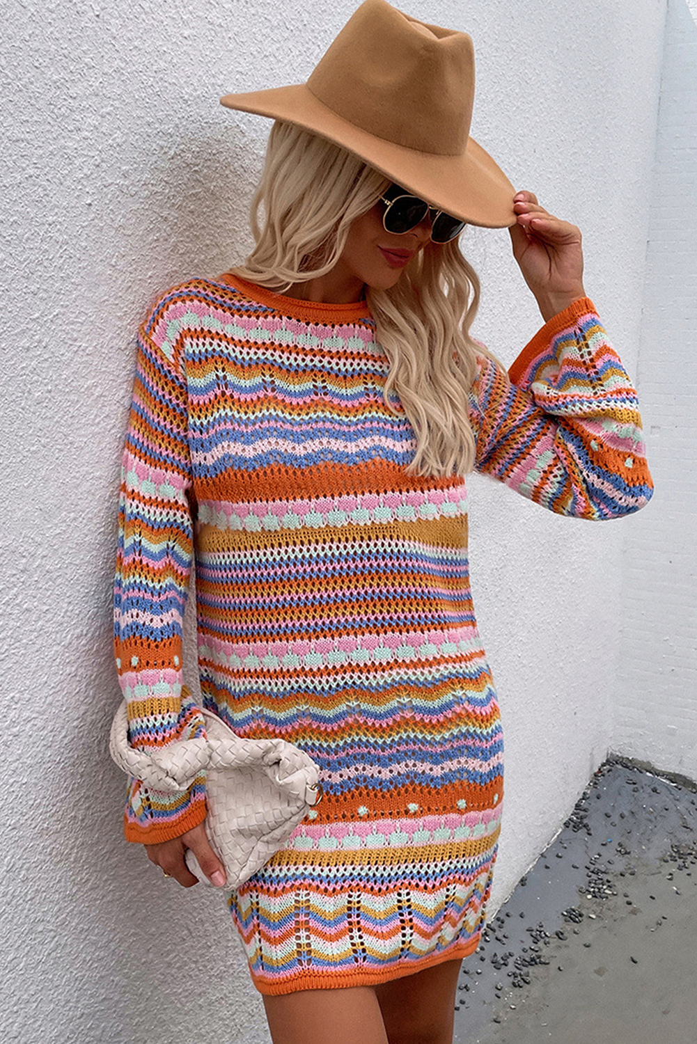 Orange Striped Midi Sweater Dress