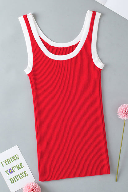 Bright Pink Colorblock Edge Ribbed Knit U Neck Tank Top