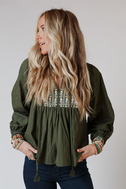 Green Embroidered Split Neck Pleated Loose Blouse