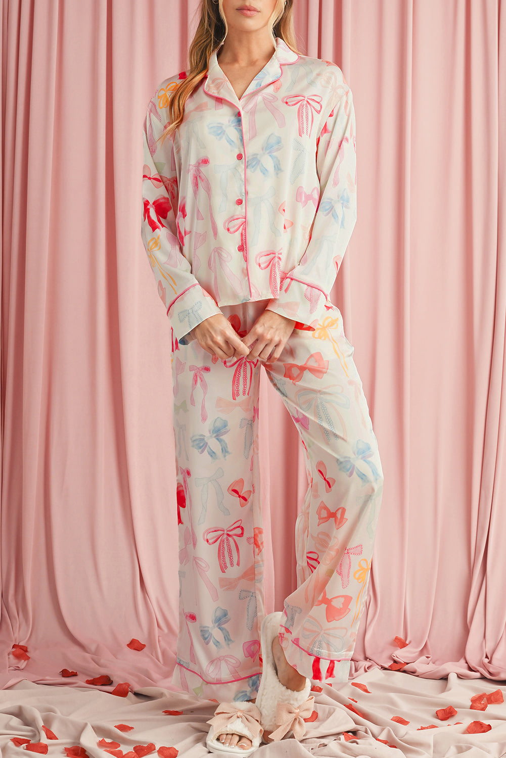 White Bow Print Satin Pajama Set