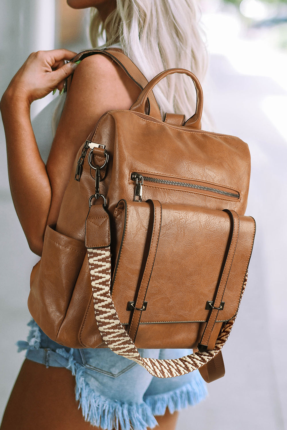 Camel Embroidered Strap Backpack