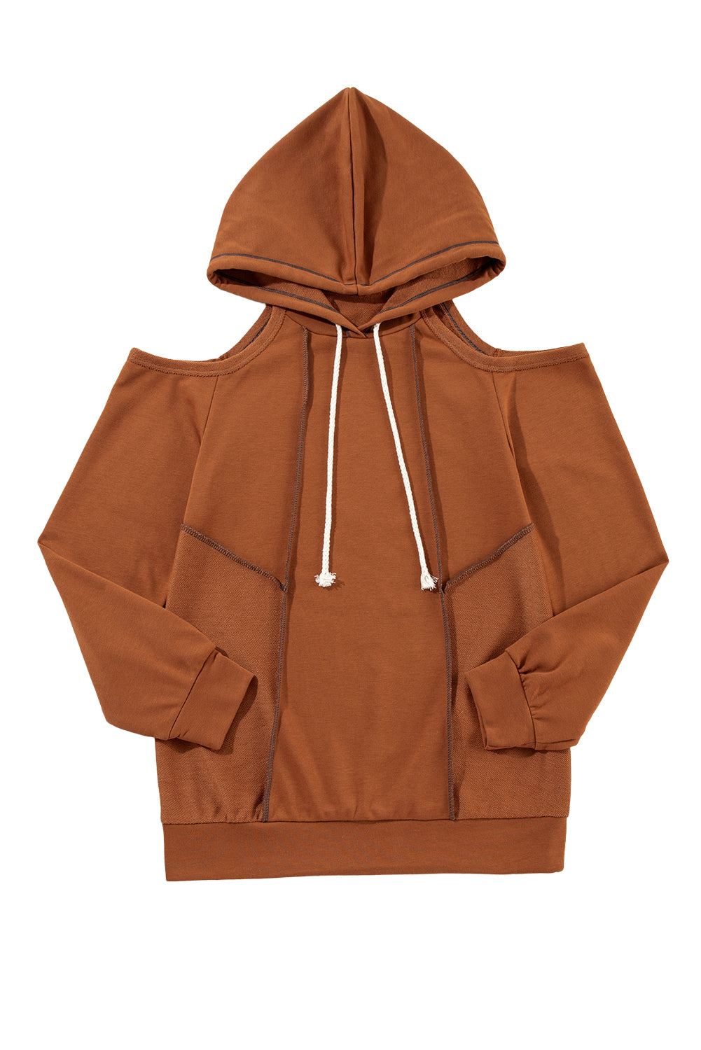 Cinnamon Exposed Seam Cold Shoulder Drawstring Hoodie