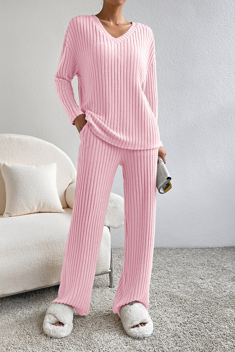 Ribbed Knit V Neck Top & Pants Loungewear Set