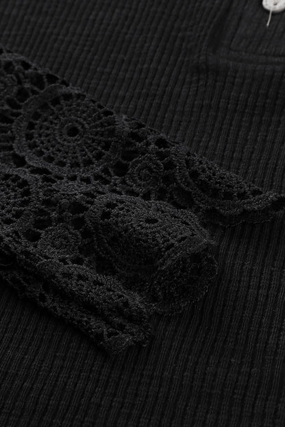 Black Lace Crochet Henley Shirt