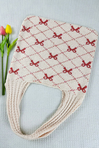 Red Bow Argyle Pattern Knit Tote Bag