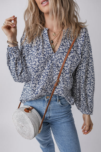 Blue Floral Print Puff Sleeve Blouse