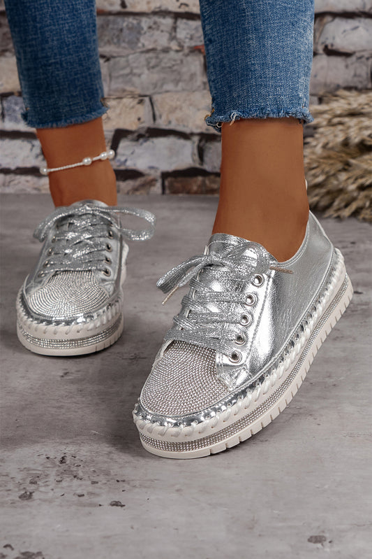 Silvery Rhinestone Lace-up Sneakers