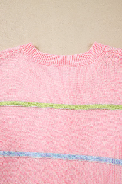 Pink Rainbow Striped Henley Sweater