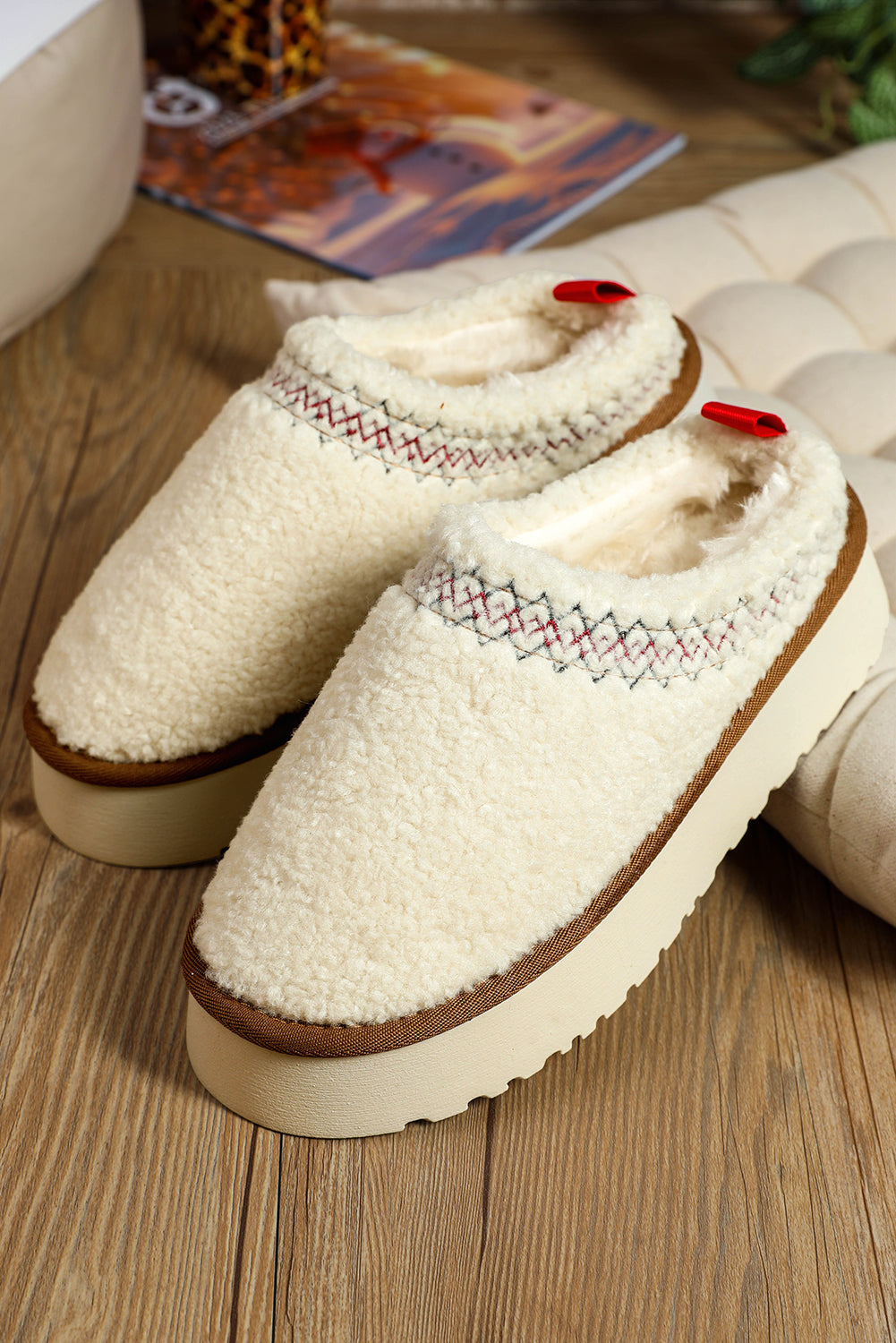 White Suede Plush Thick Sole Slippers